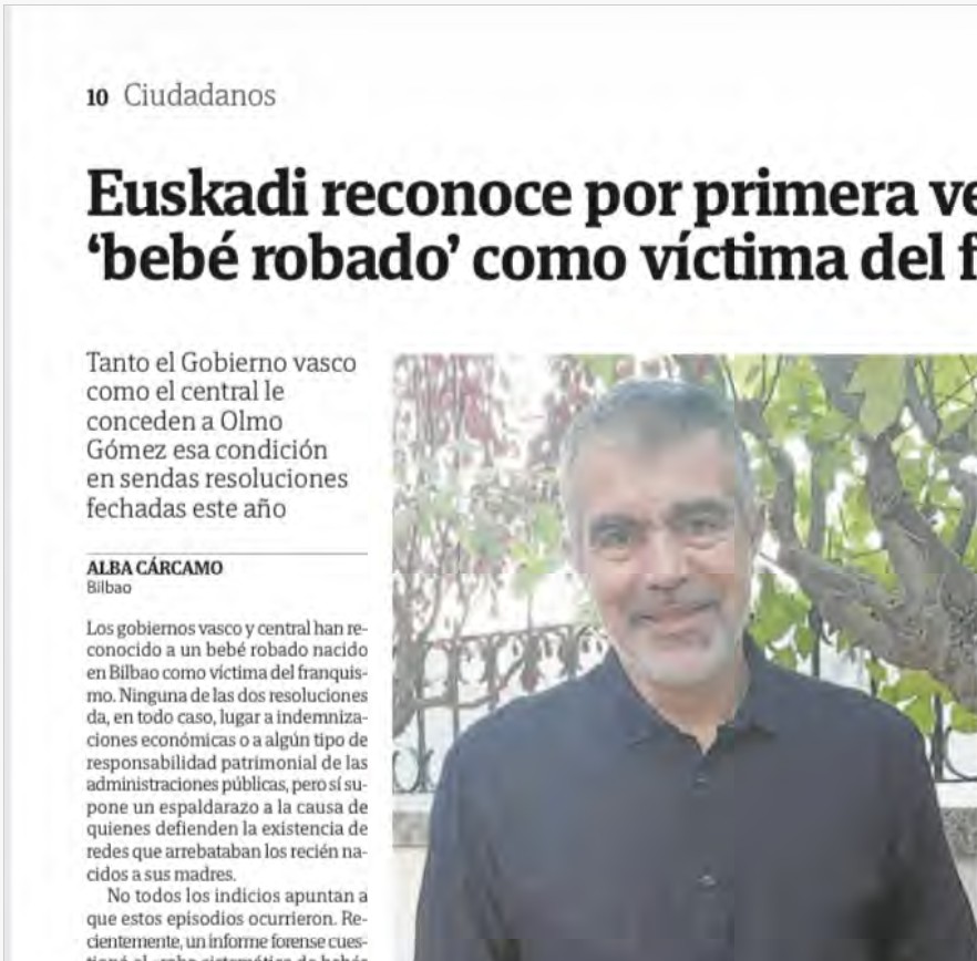 Página de la edición impresa de El Correo con el titular Euskadi reconoce por primera vez a un bebé robado como víctima del franquismo